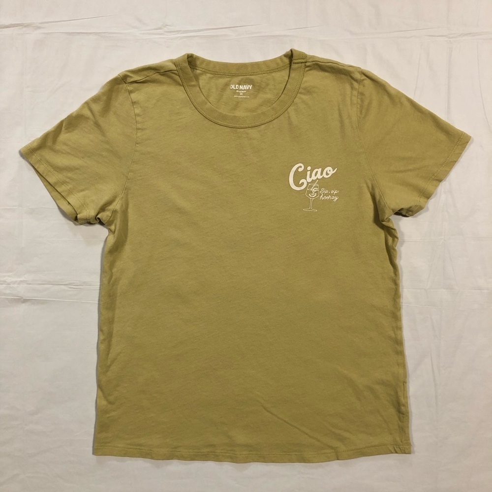 Old Navy Women’s Short Sleeve “Ciao” 100% Cotton Green Yellow T-Shirt size XS